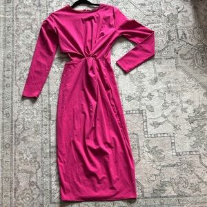 Zara Long Sleeve Knot-Front Midi Dress in Fuchsia Pink